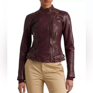 Lauren Ralph Lauren Oxblood Brown Leather Moto Jacket Asymmetric Zip, Size 12